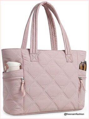 Large Quilted Puffer Tote Bag with Zipper, Lightweight Travel Work Laptop Bag
